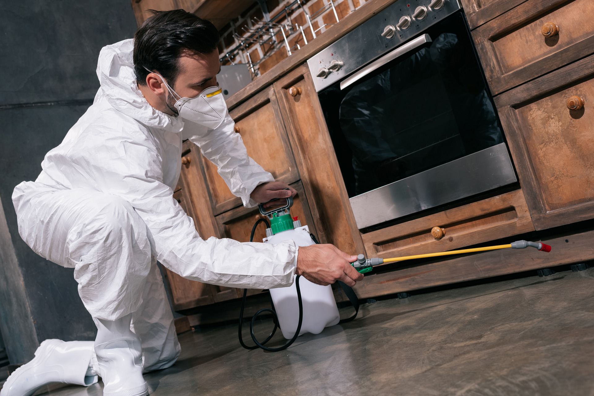 pest control worker spraying pesticides under cabinet in kitchen