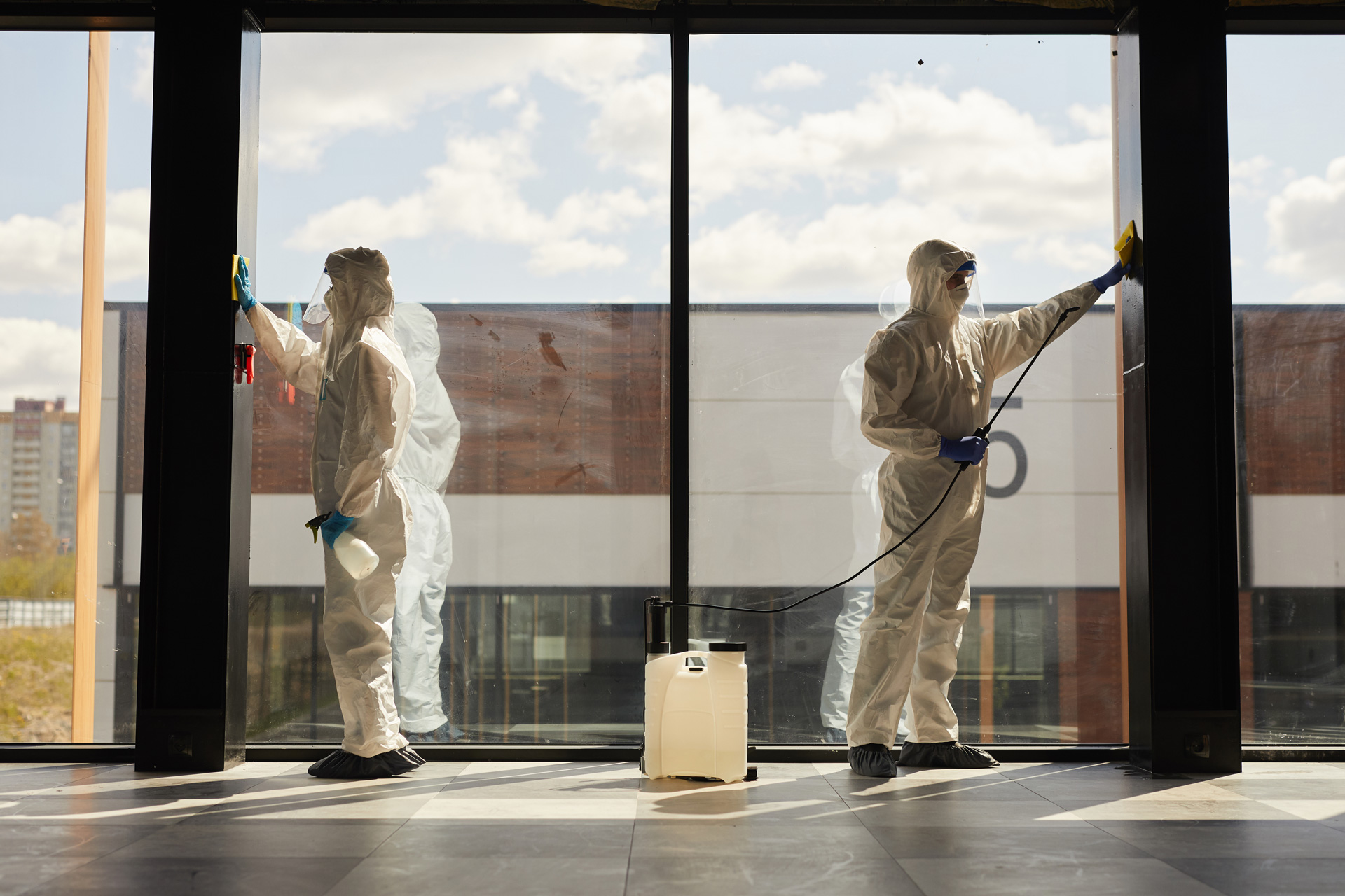 Graphic full length portrait of two workers wearing protective suits cleaning surfaces indoors lit by sunlight, copy space